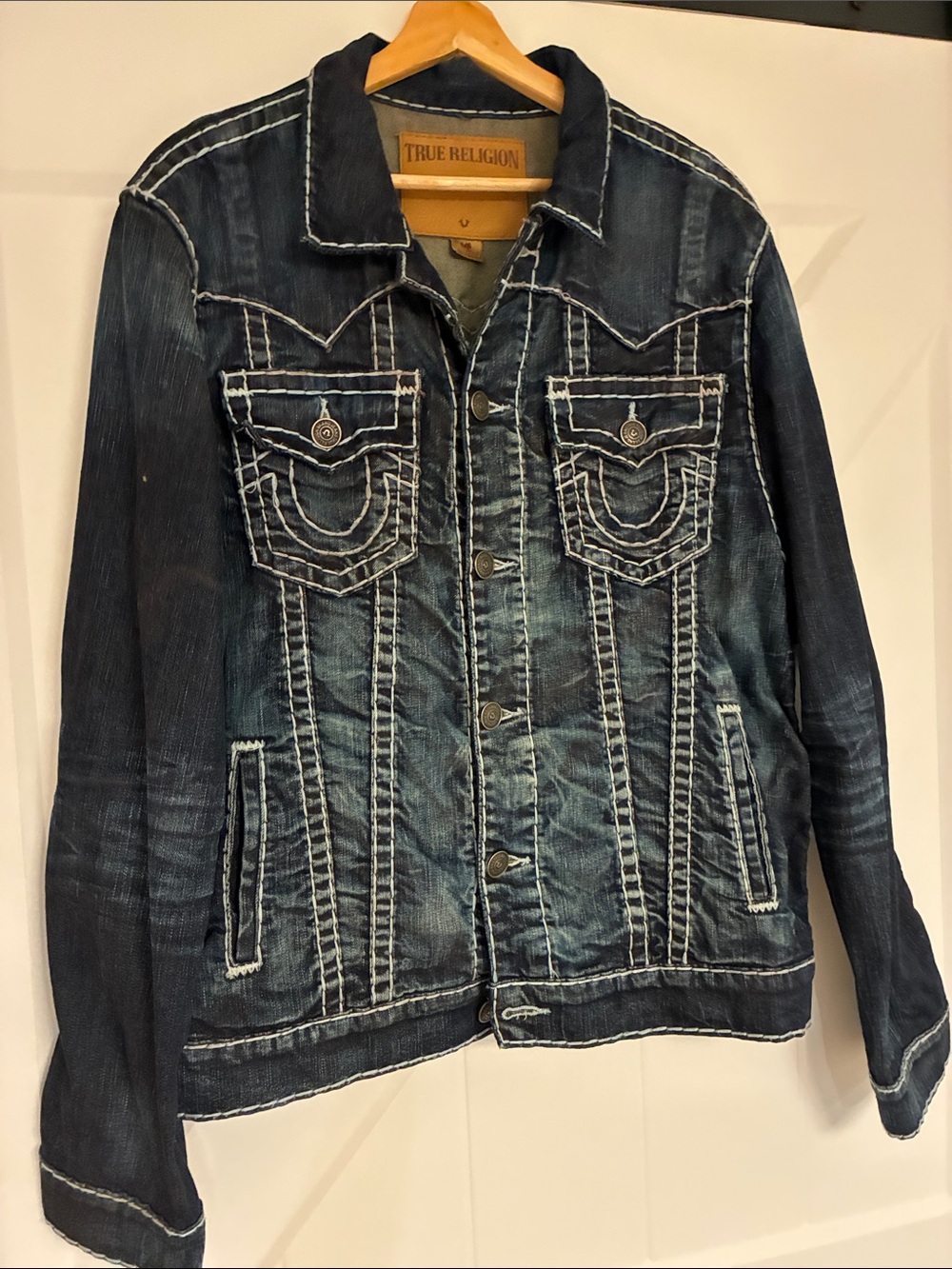 True Religion Distressed Blue Denim Jacket with Contrast White Stitching